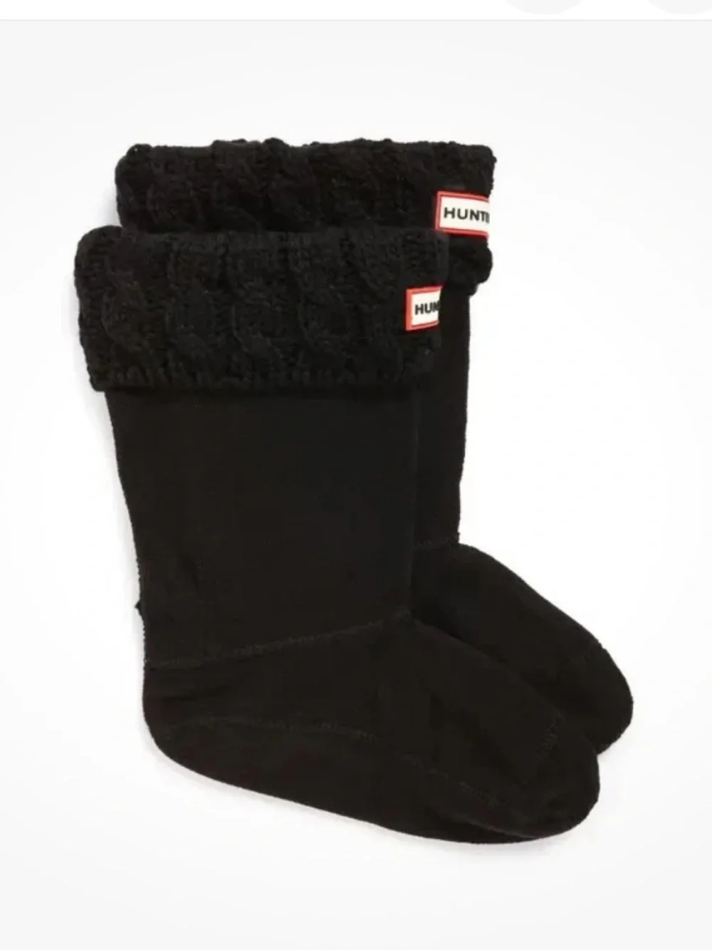 Hunter 6 Stitch Cable Knit Cuff Fleece Tall Boot Socks black with Logo Sz  L KID